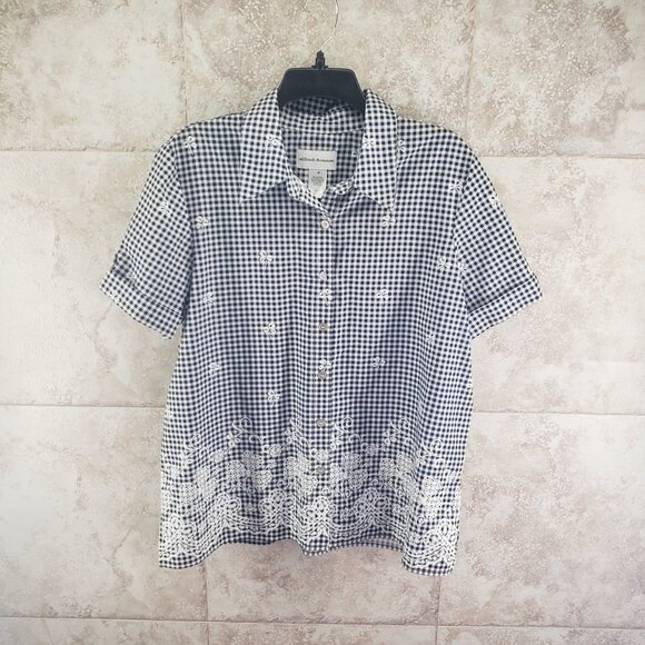 Alfred Dunner Blue Check Button Front Roll Tab Short Sleeve Shirt Womens Size M - Picture 1 of 10